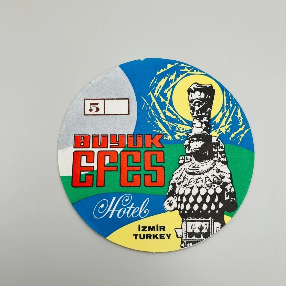 Vintage Buyuk‎ Efes Hotel Izmir Turkey Round Paper Luggage Tag Ephemera 1968